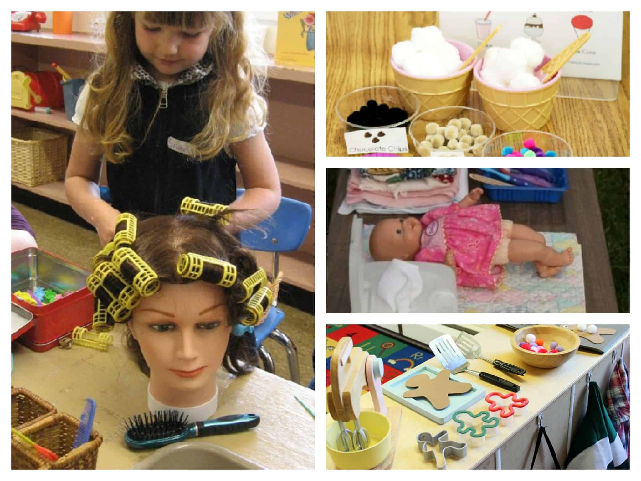 Pretend play - hair salon, doll diaper and care station, florist,  gingerbread man station and ice cream parlor - Special Learning House